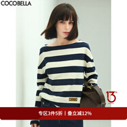 COCOBELLA藍(lán)白條紋一字領(lǐng)長袖T恤女秋時尚船領(lǐng)針織上衣TS625 條紋 L