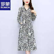 羅蒙（ROMON）碎花連衣裙女春秋新款高端時(shí)尚氣質(zhì)奢華媽媽收腰顯瘦翻領(lǐng)長(cháng)袖裙子 圖片色 2XL