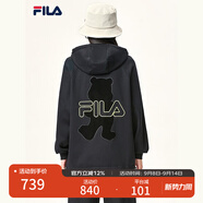FILA斐樂官方女裝外套秋季上衣多彩潮流加絨保暖開衫連帽小熊外套 正黑色-F51W138599FBK(加絨) 180/96A/XXL