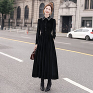 絲柏舍翻領(lǐng)長(cháng)袖小黑裙女2025秋裝新款氣質(zhì)優(yōu)雅長(cháng)袖收腰連衣裙