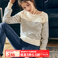 Olrain法式杏色條紋套頭針織衫女春裝寬松撞色復(fù)古上衣 杏色 160/84A/M