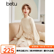 betu百圖女裝網(wǎng)紗拼接小高領(lǐng)木耳邊燈籠袖針織連衣裙女2110T69 淺杏色 L