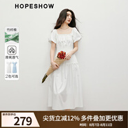 紅袖奧萊2025夏季新款女裝純色泡泡袖松緊收腰方領套頭連衣裙 本白001 S
