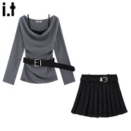 :CHOCOOLATE  it女裝潮牌秋冬連衣裙蕩領(lǐng)假兩件針織衫麂皮絨百褶半身裙套裝女 灰色上衣+黑色裙 【上衣均碼】 XL
