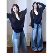木清清藍(lán)色假兩件針織衫上衣女2024新款早秋季設(shè)計(jì)感慵懶學(xué)院風(fēng)毛衣 藍(lán)色假兩件 L 建議105-115斤