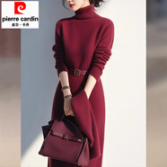 皮爾卡丹安格拉紅高領(lǐng)針織連衣裙秋裝女款2025年新款漂亮獨特內搭打底裙子 紅色連衣裙【標準版】 M 建議95-105斤