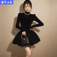 美安嘉氣質(zhì)黑色半高領(lǐng)連衣裙春秋收腰a字蓬蓬裙內搭打底小 黑色 L