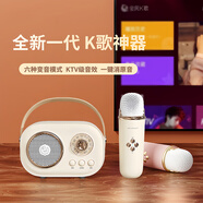 樂廷（Rolton）K歌音響話筒一體麥克風無線藍牙音箱可攜式家用唱歌兒童禮物家庭KTV 素雅白雙麥 官方標配