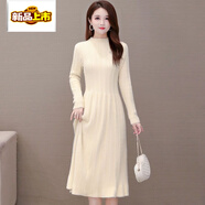 初徑一體絨半高領(lǐng)加厚蕾絲毛衣裙針織連衣裙秋冬中長(cháng)款內搭配大衣打底 米白色 S 80至95斤
