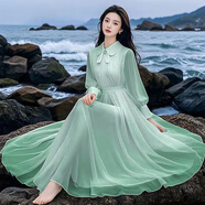 恒源祥時(shí)尚減齡娃娃領(lǐng)高端連衣裙2025超仙法式氣質(zhì)長(cháng)款到腳踝度假長(cháng)裙子 青色 M