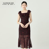 哥弟（GIRDEAR）女裝2025新款荷葉邊領口開叉造型連衣裙（附腰帶）150025 梅洛葡萄酒紅 XL (5碼)
