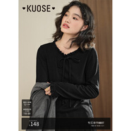闊色（kuose）miu系蝴蝶結上衣長(cháng)袖T恤新款秋季女內搭打底衫早秋穿搭 黑色 S