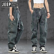 JEEP SPIRIT工裝牛仔褲男款直筒寬松休閑美式復古秋冬抖音男褲耐磨工作褲 復古藍 400 XL 115-130斤