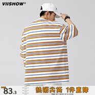viishow日系潮牌條紋圓領(lǐng)短袖T恤男夏季寬松情侶百搭半袖tee 橘黃 XL