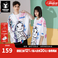 閃電潮牌（GENANX）新款特寬松蝙蝠袖閃電君印花重磅情侶T恤 白色 XL