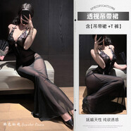 欲欲一試性感睡衣深V御姐蕾絲吊帶網(wǎng)紗睡裙制服套裝包臂長(cháng)裙連衣裙qqny 黑 透明包臂裙+T褲 均碼  適合（80-120斤)