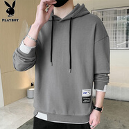 花花公子（PLAYBOY）長袖t恤男春秋季2025新款時尚百搭帥氣連帽衛(wèi)衣男潮流寬松上衣男 深灰 XL