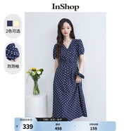 InShop【商場同款】新款立體泡泡袖氣質(zhì)連衣裙女復古撞色波點長裙 藏藍花 S