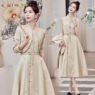 夏典素訂女王（SE.PSTP）新中式國風(fēng)連衣裙套裝女2025春秋季新款氣質(zhì)高腰修身背心裙兩件套 卡其杭州今年流行的輕奢品質(zhì) XL (125-135斤)