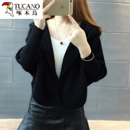 啄木鳥(niǎo)短外套毛衣2026春裝新款女長(cháng)袖寬松帶帽針織衫早秋冬開(kāi)衫厚蝙蝠衫 黑色 L