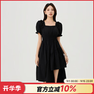 快魚方領(lǐng)泡泡袖新品連衣裙2024新款女夏不規(guī)則設(shè)計感收腰顯瘦氣質(zhì)長裙 黑色 M