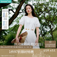 茵曼度假風(fēng)腰繩收腰連衣裙夏季女裝百搭溫柔燈籠袖氣質(zhì)長(cháng)裙珍珠白  L