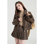 落跑姐妹（Runaway Sisters）實(shí)拍 皮衣外套女秋季2025設計感機車(chē)短款棒球服夾克 咖啡色 均碼