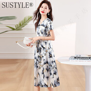 SUSTYLE國際高端品牌女裝連衣裙夏季新款小個子顯高顯瘦遮肚桑真絲蠶絲裙 水墨藍(lán) 【高檔禮盒裝】 L 【高檔禮盒裝】