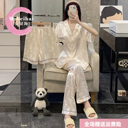 莫貝海（mobeihai）冰絲睡衣女夏季三件套裝短袖長(zhǎng)褲2025新款春可外穿大碼熊貓家居服 22040熊貓香檳三件套 M 80-90斤