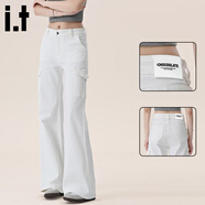 :CHOCOOLATE  it女裝褲子高腰顯瘦工裝牛仔褲女2025春秋復古卡其多口袋長(cháng)褲女 白色加長(cháng) L