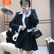 婍妡2025春夏季套裝女短款拼色西裝外套顯瘦高腰百褶半身裙兩件套潮 黑色 短裙套裝 S 【80-95斤】