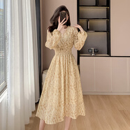 女士初秋裝衣服新款法式收腰鉤花蕾絲洋裝女高腰V領(lǐng)淑女減齡茶歇 卡其色 M 【80-100斤】