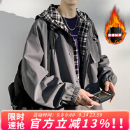 牧唯假兩件鋒沖上衣外套男女春秋冬季潮牌休閑寬松大碼工裝加棉厚夾克 J6818J加棉深灰色加厚 XL [建議125-140斤]