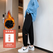 南啵丸灰色運動褲女春秋2024新款寬松休閑女褲子束腳小個子毛圈純棉衛(wèi)褲 黑色長褲（加絨） S
