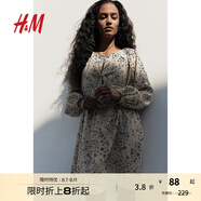 H&M女裝花卉連衣裙秋季寬松版型法式通勤抽繩設計感連身裙1236808 淺米色/碎花 160/88