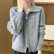 EMZ鄂爾多斯市100羊絨開(kāi)衫女寬松百搭扭花拉鏈短款毛衣羊絨針織外套 灰色 XL 建議115-130斤