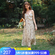 Olrain歐芮兒吊帶碎花連衣裙夏季女裝浪漫優(yōu)雅長(cháng)裙子度假沙灘裙 紫花色 L