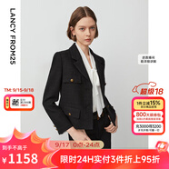 朗姿法式工裝風(fēng)口袋復(fù)古小香風(fēng)夾克短外套長袖上衣春季新款 黑色3 XL