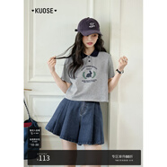 闊色（kuose）美式兔子短袖純棉T恤女2025春夏季新款灰色polo領(lǐng)短款上衣 灰色 S
