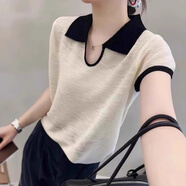 FSHE冰絲針織衫女超火撞色夏季2025新款減齡針織衫垂感翻領(lǐng)短袖上衣女 白色(版) S