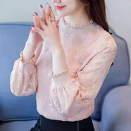 皮爾卡丹（pierre cardin）衣服女裝打底衫2026新款秋冬加絨體恤小衫洋氣內搭蕾絲上衣 粉紅色(薄款) L 【105-115斤】