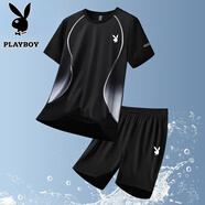 花花公子（PLAYBOY）短袖T恤男套裝男休閑兩件套半截袖短褲子夏季休閑運(yùn)動(dòng)男透氣寬松 黑灰 2XL （150斤-170斤）