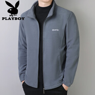 花花公子（PLAYBOY）搖粒絨男士夾克外套30-40歲45休閑立領(lǐng)抓絨上衣加厚保暖衛(wèi)衣開衫 灰色【常規(guī)】921 薄款 4XL =170-185斤