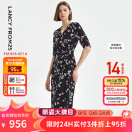 朗姿法式碎花復(fù)古設(shè)計(jì)感黑色連衣裙新款長裙夏季高級感裙子女 黑色 M