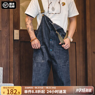 馬登工裝美式復古情侶甲板背帶褲水洗丹寧直筒闊腿牛仔褲休閑長(cháng)褲男潮 牛仔藍 XL