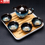建盞功夫茶具套裝家用窯變天目釉茶杯茶壺茶盤陶瓷鈞窯沙金泡茶器 5頭（沙金/美人壺）+小四方（條紋）密胺/白
