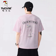 啄木鳥（TUCANO）彌敦道高級(jí)感個(gè)性潑墨刺繡潮牌短袖T恤男款2025夏季寬松美式體恤 粉色 XL 碼 140-155斤