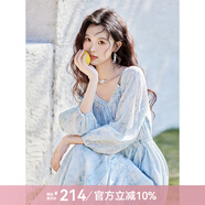 謎秀暈染印花藍色雪紡度假連衣裙女2025春夏新款設(shè)計感小個子長裙 奈良藍花 奈良藍花 S