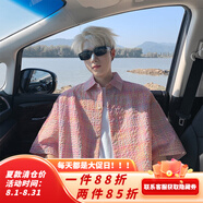 Shelley Jones泡泡紗格紋短袖襯衫男士夏季薄款美式潮牌感半袖襯衣寬松外套 粉色 XL [推薦120-140斤]