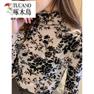 啄木鳥(niǎo)（TUCANO）半高領(lǐng)蕾絲打底衫女內搭秋裝網(wǎng)紗疊穿透視小衫植絨長(cháng)袖T恤上衣潮 杏色 M